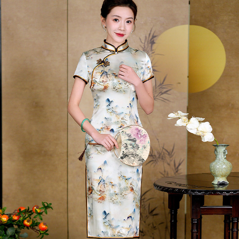 千里江山真丝桑蚕丝短款旗袍裙