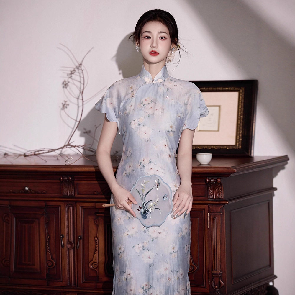 新中式花瓣袖长款旗袍礼服裙子