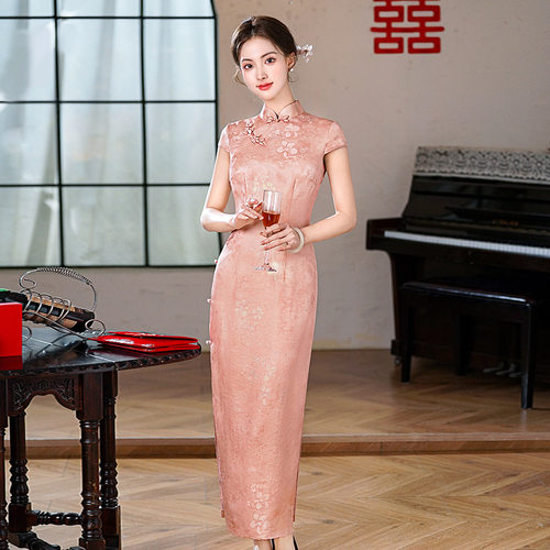 高端100%桑蚕丝真丝长款旗袍礼服