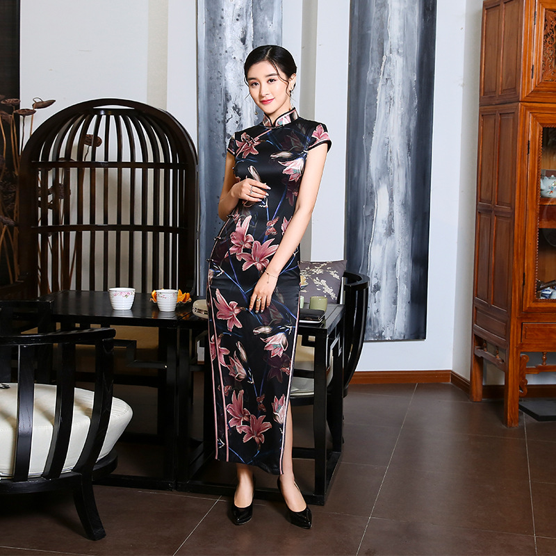 优雅复古百合花黑色桑蚕丝长款真丝改良旗袍裙子连衣裙 走秀款