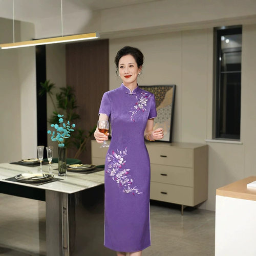喜妈妈喜婆婆紫色醋酸旗袍礼服
