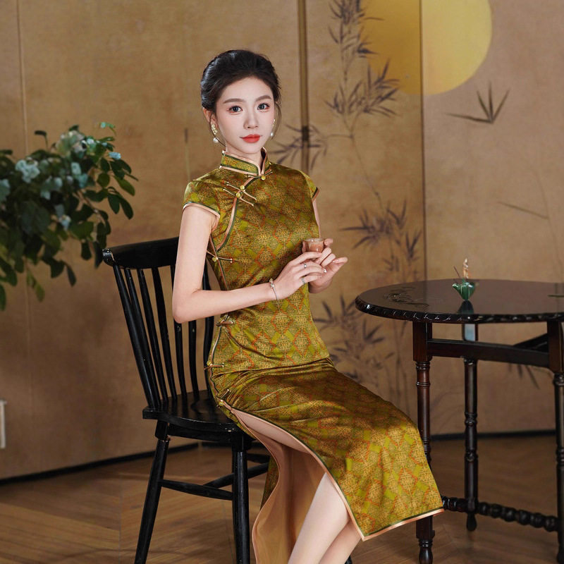 复古菱形方格真丝桑蚕丝长款旗袍