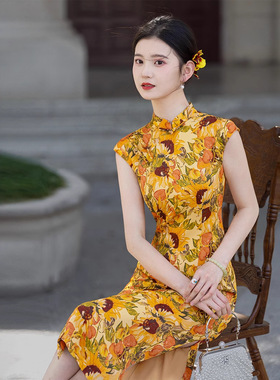 2026新款新中式复古黄色太阳花人丝日常改良中长款旗袍裙子连衣裙