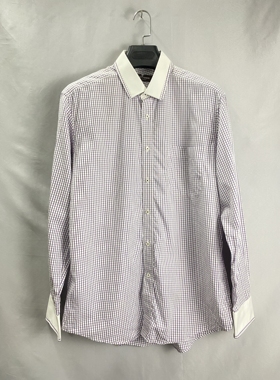 卡er丹顿， 紫色格纹长袖衬衫， 全新纯棉面料 ，白色领口袖口