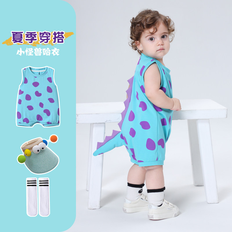 婴儿连体衣恐龙卡通衣服纯棉哈衣新生儿宝宝无袖爬服夏季薄款可爱