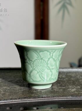 耀州窑天青秘色原矿高温青瓷中式家用牡丹铃铛杯茶杯容量约80毫升