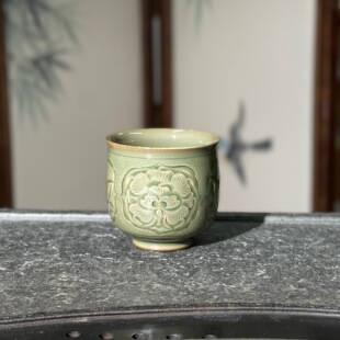 耀州窑陶瓷青瓷天青秘色中式复古缠枝牡丹莲纹茶杯束口杯主人杯