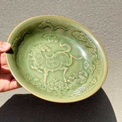 【长安知己】非遗耀州窑青瓷「马踏繁花盘」秘色浮雕茶盘壶承果盘