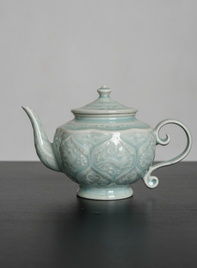 长安知己中国非遗「花舞大唐茶壶」耀州窑青瓷茶具浮雕壶约600ml