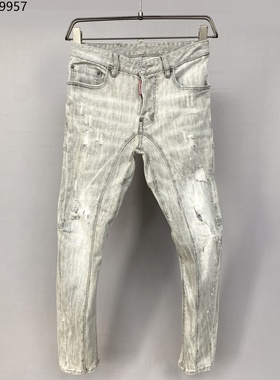 2025春秋新款D2牛仔裤男潮牌修身立体拼接灰色休闲破洞微弹小脚裤