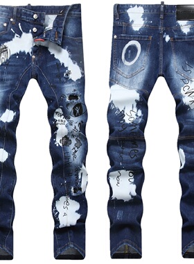 欧美高街潮牌DSQ2破洞牛仔裤男涂鸦印花水洗做旧修身小脚潮流百搭
