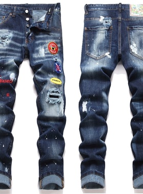 美式高街DSQ2扎染破洞牛仔裤徽章刺绣贴布男高街风水洗修身小脚裤