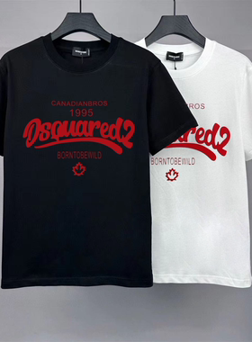 奢潮高街夏DSQ2男女同款1995纪念款红色植绒印花宽松圆领短袖T恤