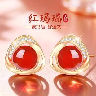 999银999纯银红玛瑙本命年红色耳钉耳饰999足银耳环女士女高级感