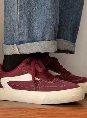 秋季男款鞋子小众酒红色帆布板鞋复古百搭时尚休闲鞋学生运动潮鞋