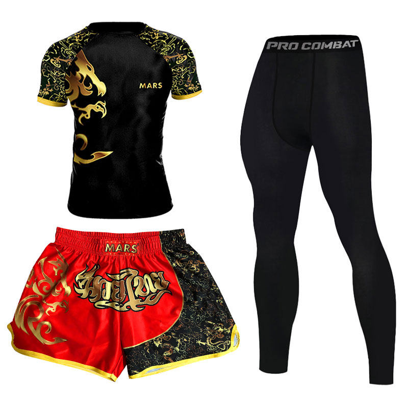 拳击训练服短袖三件套可定制儿童成人散打武术运动跑步速干健身衣