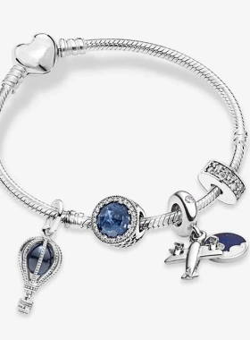 蓝色热气球和飞机吊坠DIY欧洲时尚魅力星空系列女士手链现货