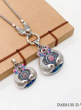 福氏足银9999小众设计国潮项坠个性毛衣链挂件双鱼福袋纯银吊坠