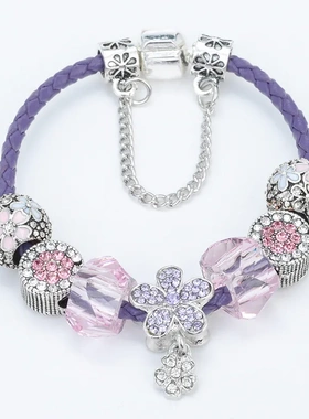 DIY紫色雏菊吊坠 大孔j串珠成品紫色皮绳手链 义乌饰品厂直接批