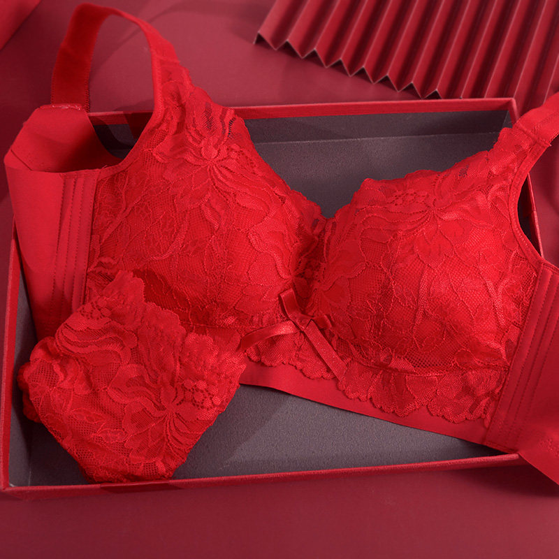 戴歌华本命年红色内衣大胸显小乳胶调整型女士结婚大红色文胸套装