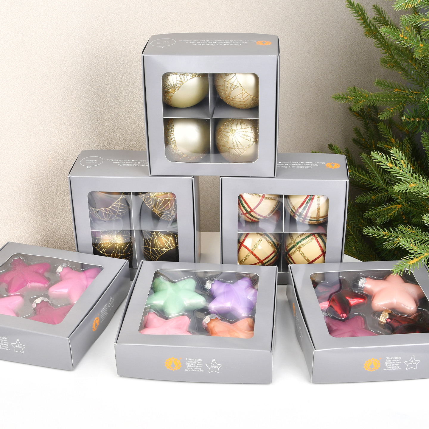 圣诞节装饰盒装玻璃彩绘玻璃球星星吊饰四个装圣诞树橱窗场景挂饰