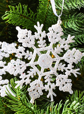 圣诞树挂件圣诞橱窗雪花吊饰10/12/15CM白色和银色闪粉散装雪花片