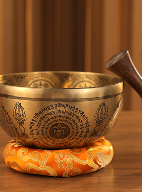 尼泊尔精品手工满月钵黄财神雕刻颂钵冥想音疗瑜伽钵声音绵绵悠长