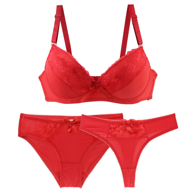 大码胖mm性感丁字裤三件套本命年内衣套装女红色结婚新娘聚拢文胸