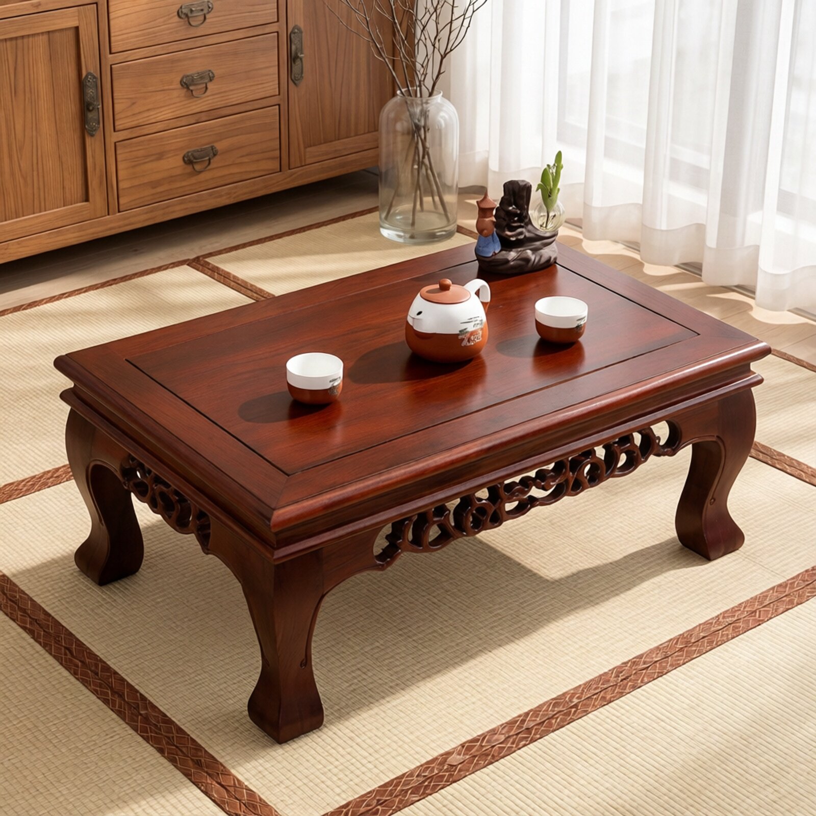 东北雕花实木质炕桌炕几榻榻米矮桌榆木中式飘窗茶几方地桌小桌子