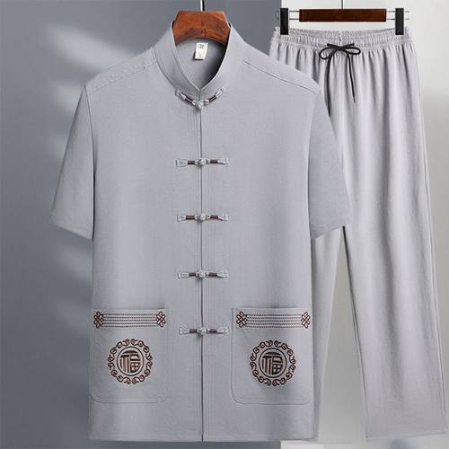 唐装男中老年爸爸装冰丝短袖套装中国风爷爷夏季两件套老年人衣服