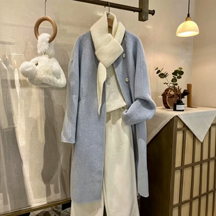 [商场同款]木家26秋冬季新品温柔风附围巾长款毛呢大衣外套女