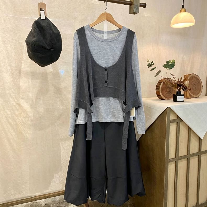 木家正品26秋季新品叠穿针织背心长袖打底衫花苞中裤三件套套装女