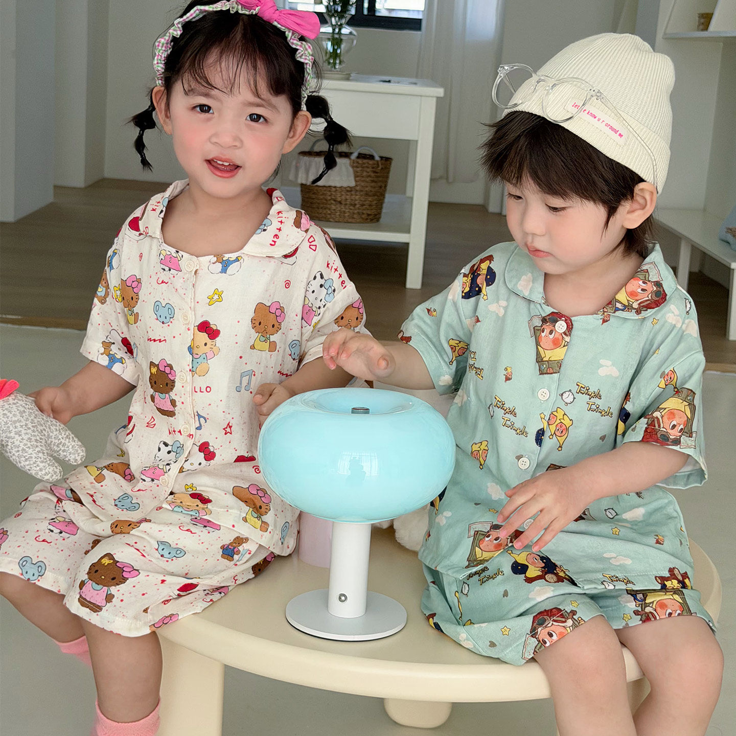 儿童短袖套夏a类纯棉双层纱布家居服男女童翻领开衫卡通亲子睡衣