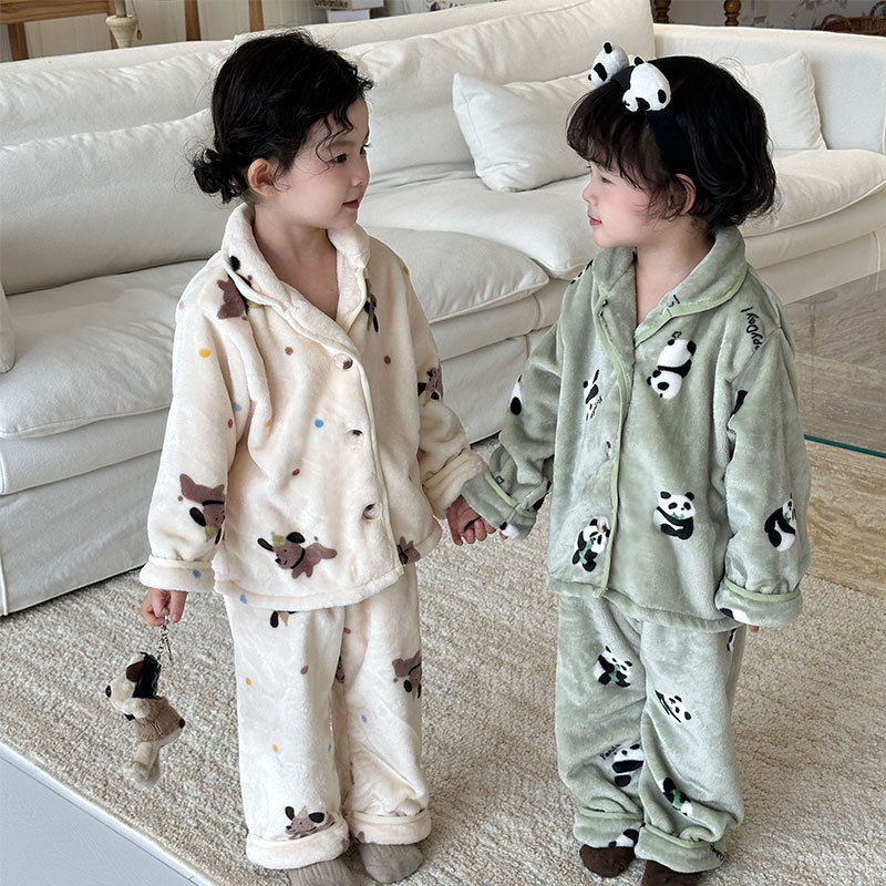 儿童法兰绒睡衣男孩女孩秋冬季加绒加厚套装中小童宝宝开衫