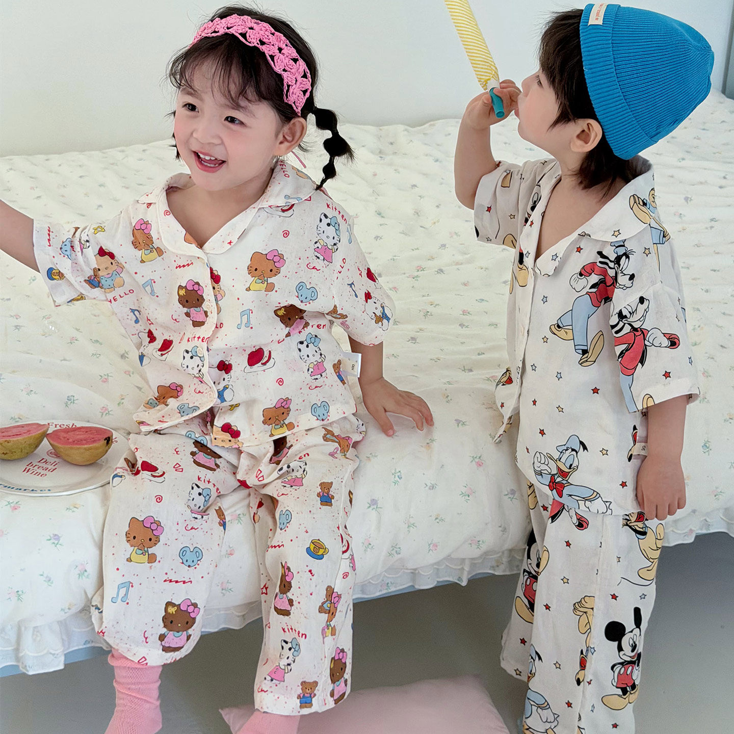 儿童夏季a类纯棉翻领纱布睡衣男女童短袖长裤亲子开衫家居服套