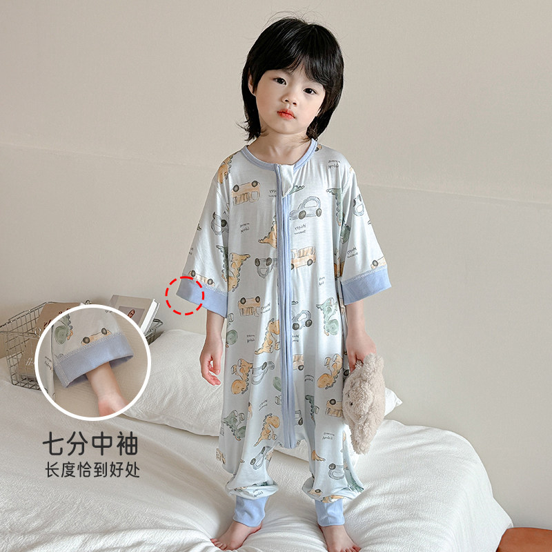 儿童睡袋夏季短袖婴儿防踢被A莱赛尔抑菌薄款半袖凉感空调房睡衣