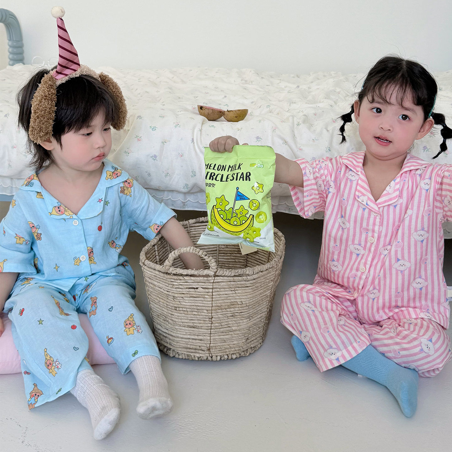 儿童空调服家居服套夏季薄款纱布睡衣男女童短袖长裤亲子开衫卡通