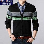 Áo len nam mùa thu áo len cổ áo giả hai mảnh áo len xu hướng Hàn Quốc sọc cotton đáy quần áo nam - Cardigan