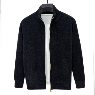 雪尼尔开衫男立领拉链秋冬季加绒加厚毛衣纯色潮流男装针织衫外套