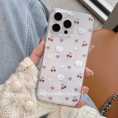 17promax九月岛屿原创可爱樱桃狗春天适用苹果16promax手机壳全包15透明防摔15promax软边13pro透明简约卡通