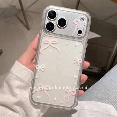 九月岛屿原创透明闪粉软壳适用iPhone17promax可爱粉色少女蝴蝶结iphone15Pro手机壳13苹果14Pro全包16相框