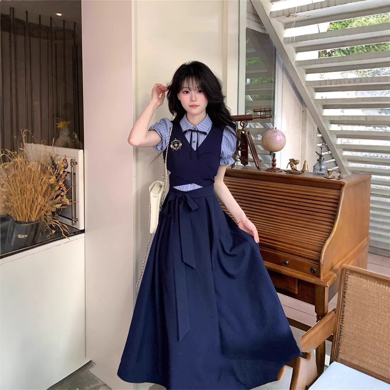 韩系甜美高级蝴蝶结系带假两件连衣裙早春青春活力少女新款式裙子