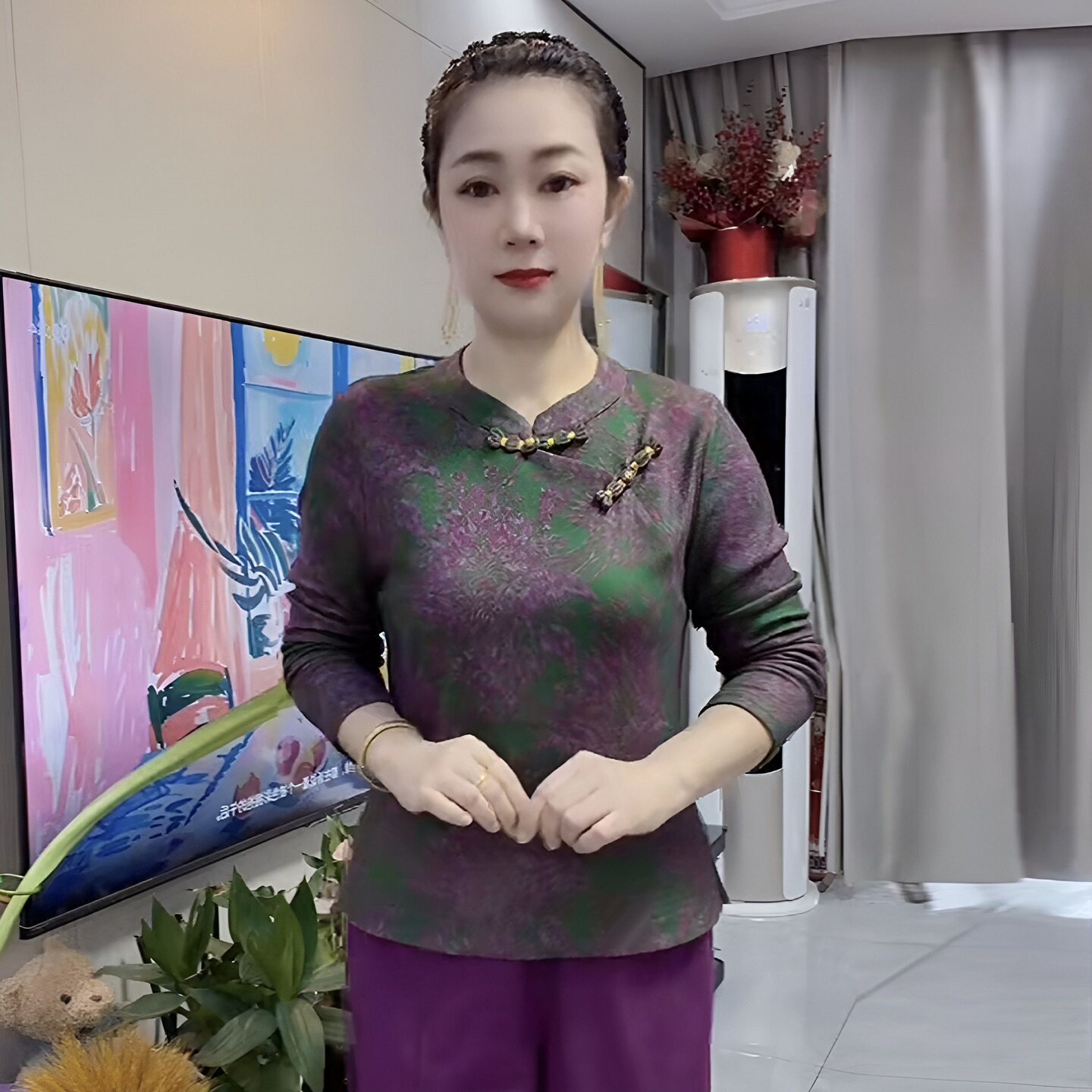 秋季中老年旗袍领盘扣长袖T恤