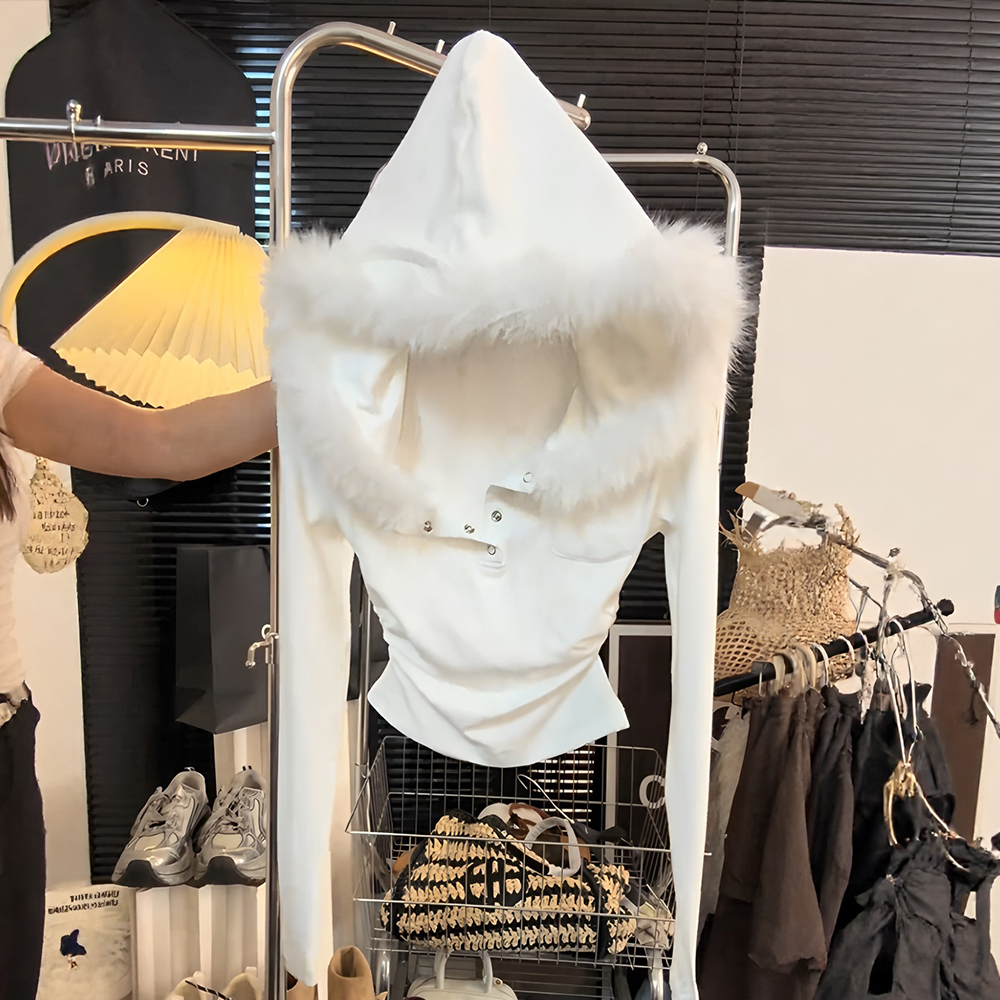 超好看打底衫连帽毛领长袖T恤女秋冬季新款韩版辣妹修身外套上衣