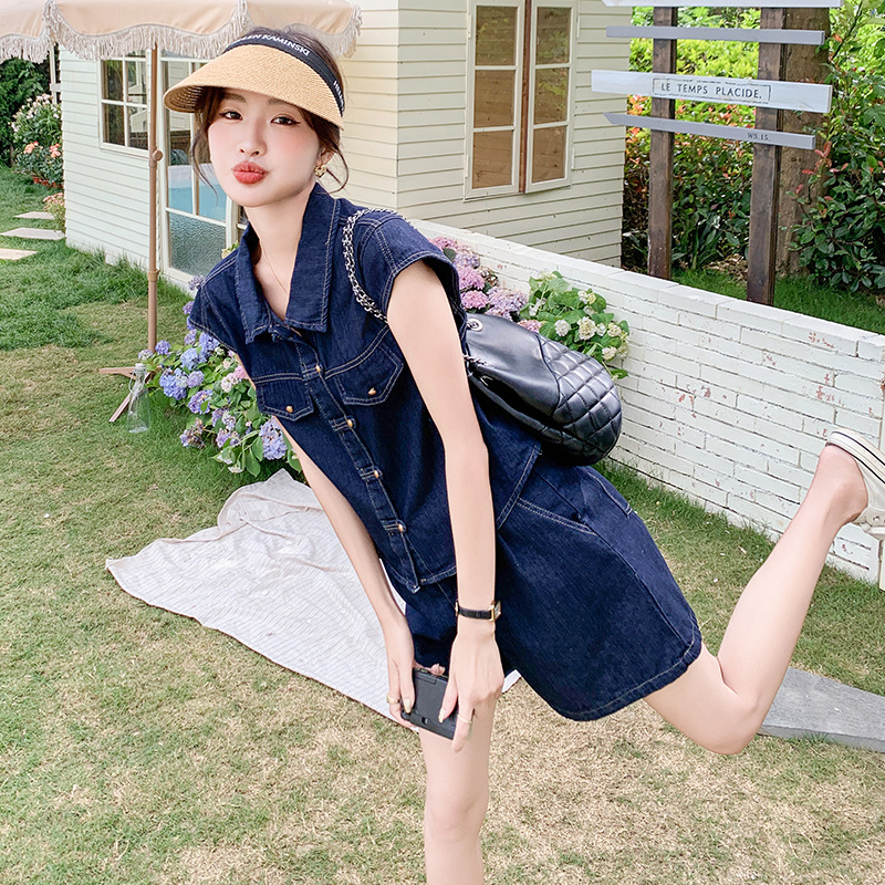 深蓝色通勤风牛仔套装女2025夏季新款韩版百搭小飞袖短裤两件套