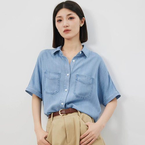 棉茧 天丝莱赛尔牛仔衬衫女短袖2026夏季设计感小众蓝色衬衣别致