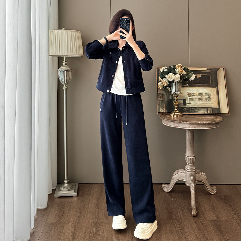 时尚套装女秋冬2025新款慵懒洋气高级藏蓝色开衫外套阔腿裤两件套