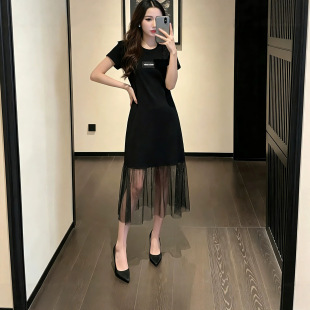 欧洲站2026年夏季新款时尚百搭宽松显瘦洋气拼接蕾丝连衣裙女欧货