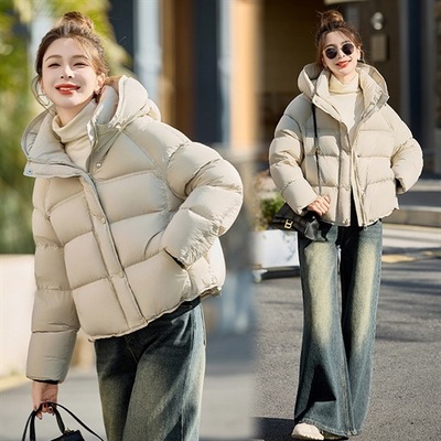 休闲风排骨羽绒服2025冬季新短款连帽泡芙冰川白90白鸭绒保暖外套
