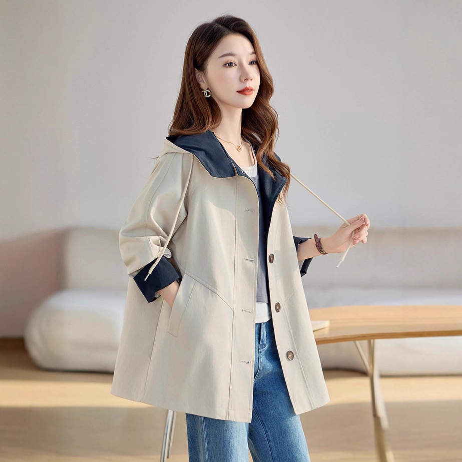 2025秋季新款宽松显瘦外套中长款撞色休闲百搭连帽女式风衣OU6908